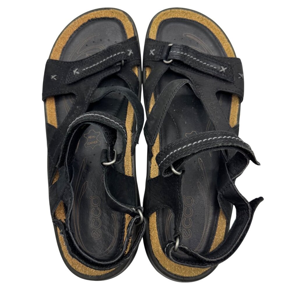Ecco Black Leather Sandals Womens EU 40/US 9-9.5 Cork Hook Loop Outdoor Comfort - Picture 10 of 15